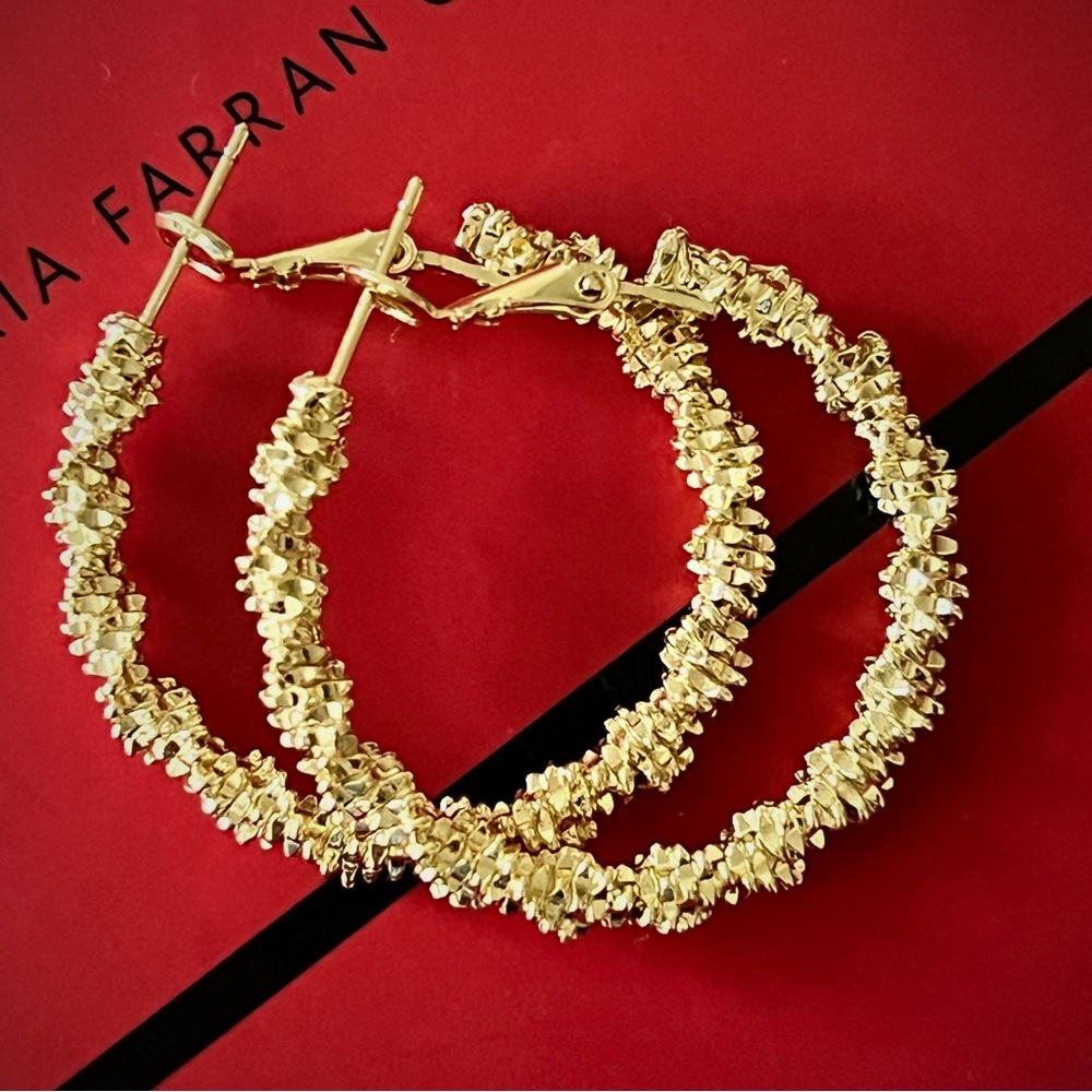 14k Gold Plated Cluster Hammered Finish Hoop Earrings